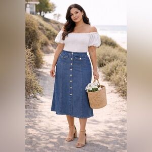 Y2K Inspired Button Front Denim Skirt 20W Stretch 40W 27L Cottagecore Workwear